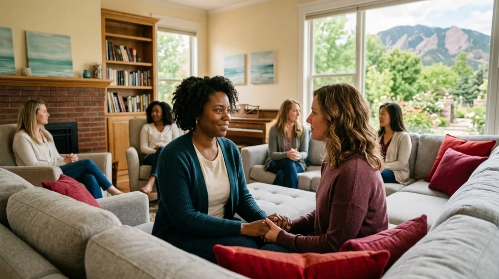 Two Women Holding Hands During a Supportive Moment in Group Therapy | The Rose House