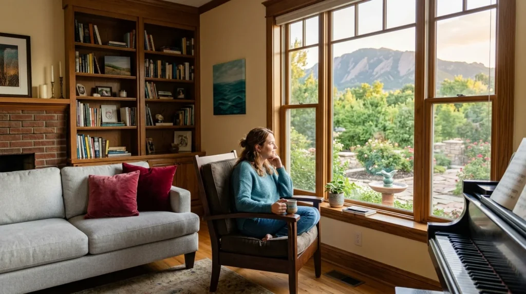 Woman Sitting Alone at a Window Quietly Reflecting on Her Childhood and Beginning to Heal | The Rose House