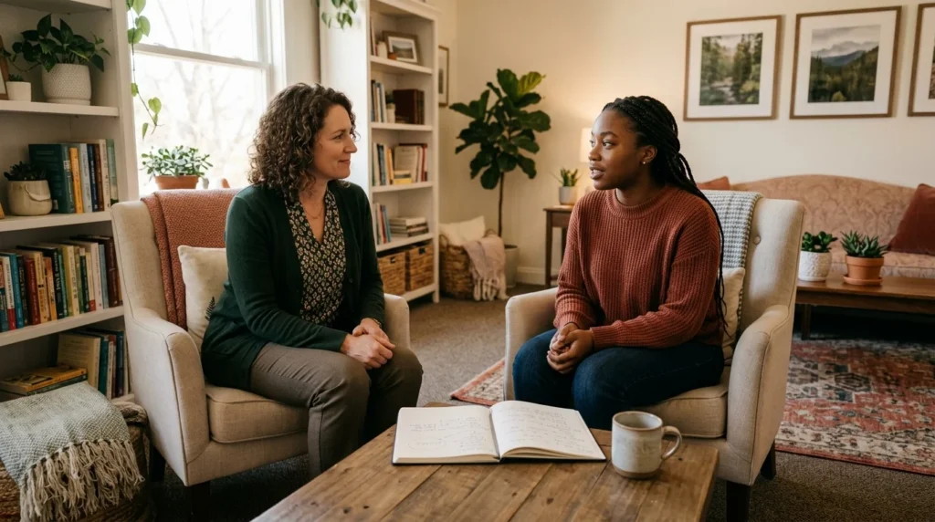 Clinical Therapist And Female Client In A One On One Session Reviewing Notes In A Warm Office Setting | The Rose House