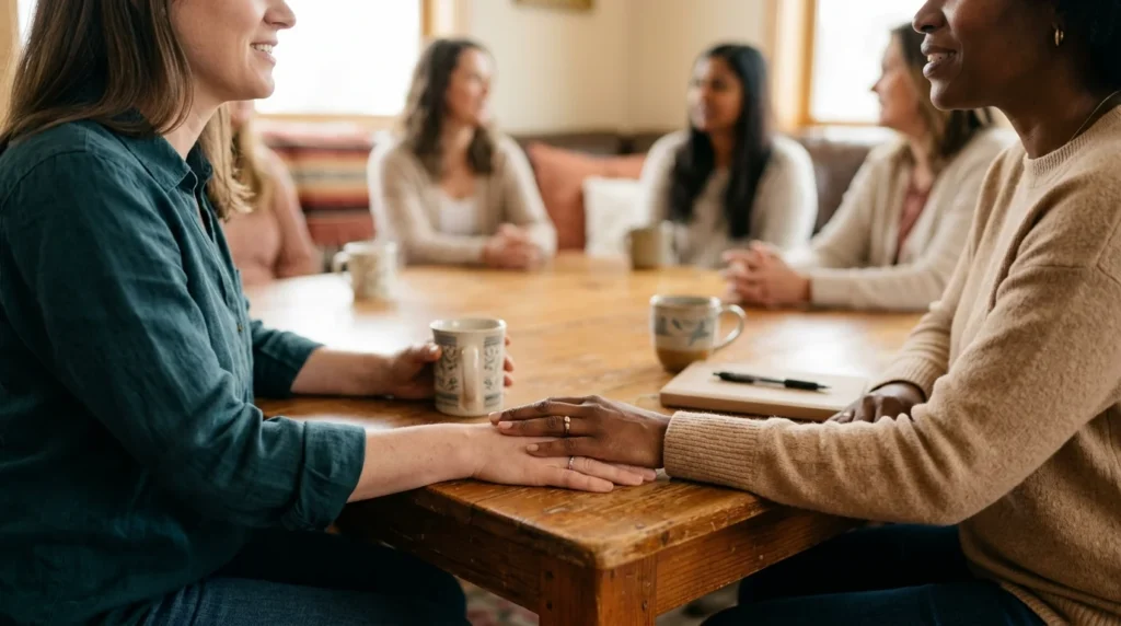 Close-Up of Two Women's Hands Resting on a Table During a Support Group Session | The Rose House