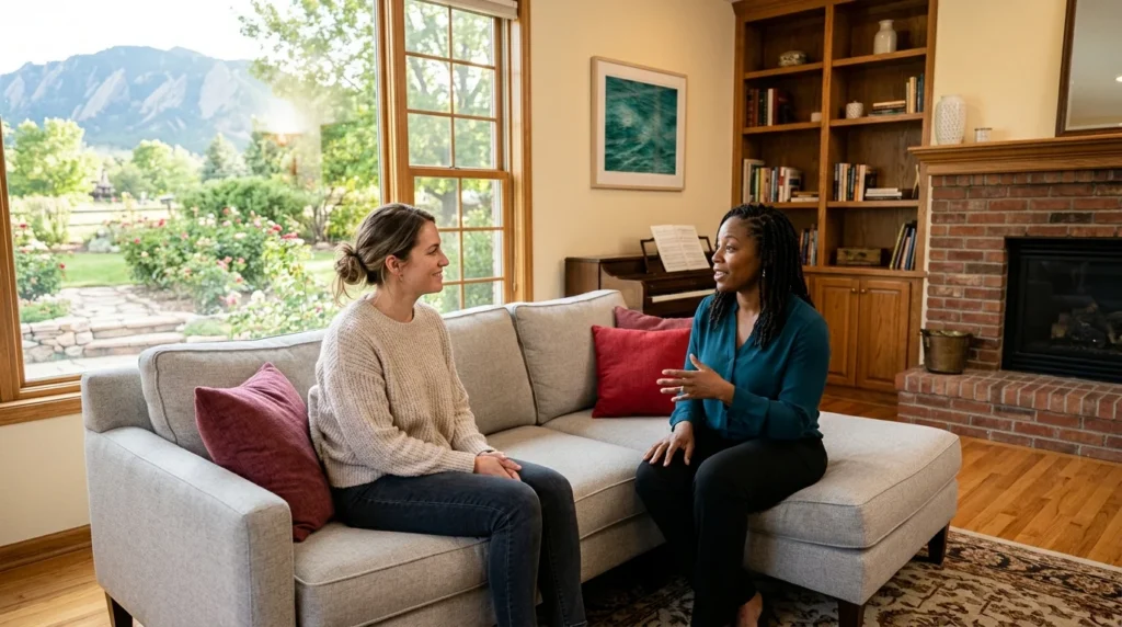 Two Women Sitting Together in a Residential Treatment Community Having an Honest Conversation | The Rose House