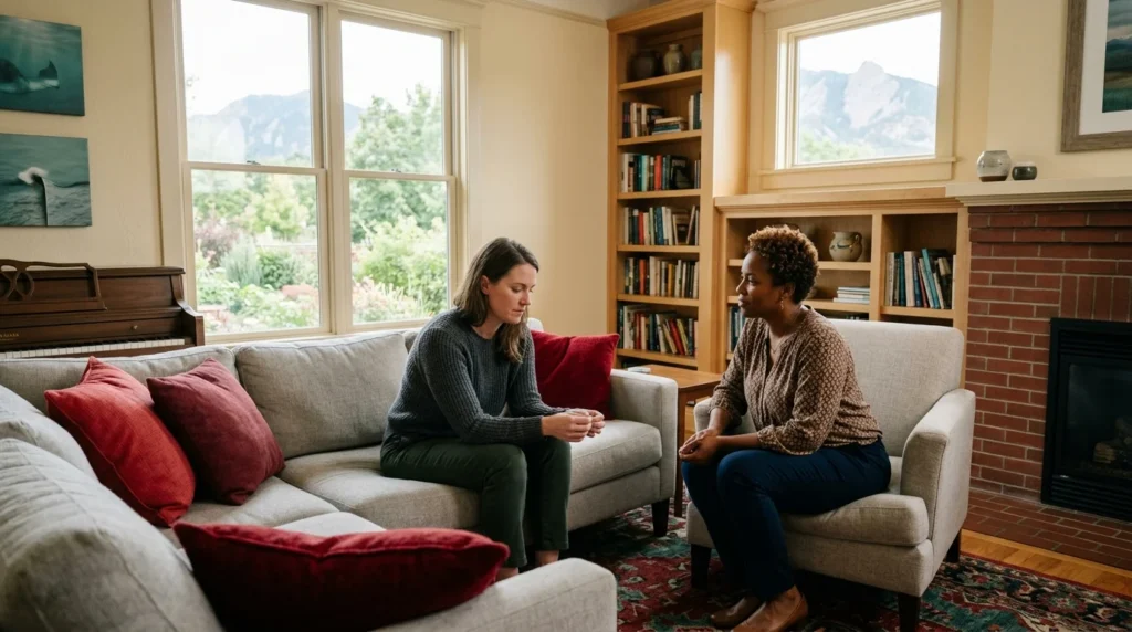Woman in Therapy Session Looking Down Processing Difficult Emotions About Her Relational Patterns | The Rose House