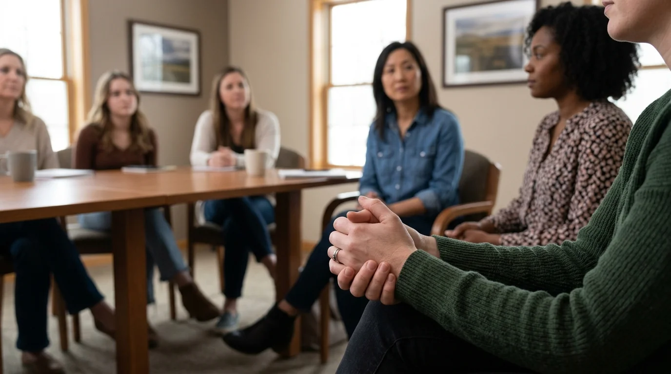 Close-Up of a Woman's Hands Clasped Together During a Process Addiction Support Group | The Rose House