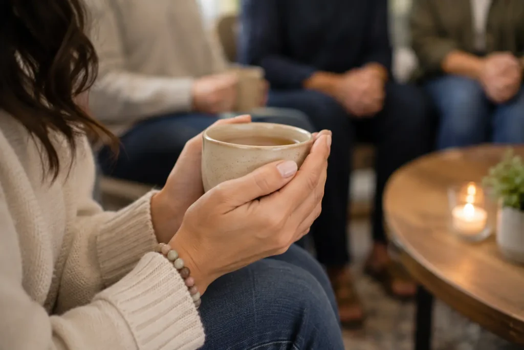 Close-Up of a Woman's Hands Cradling a Cup of Tea in an Intimate Group Setting | The Rose House