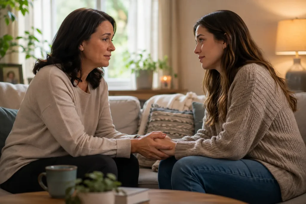Mother and Adult Daughter Holding Hands in a Quiet Moment of Connection and Healing | The Rose House
