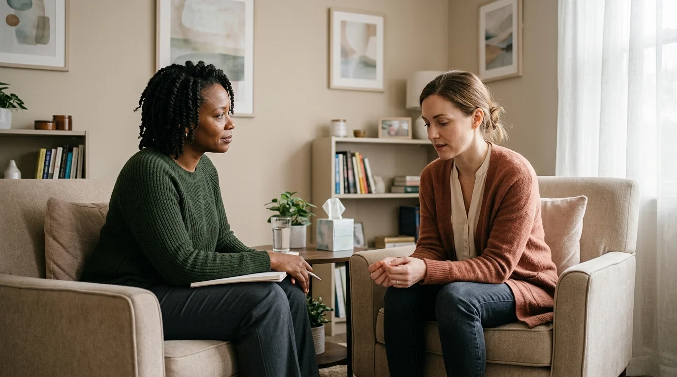 Two Women in an Intimate One-on-One Trauma Therapy Session Indoors | The Rose House