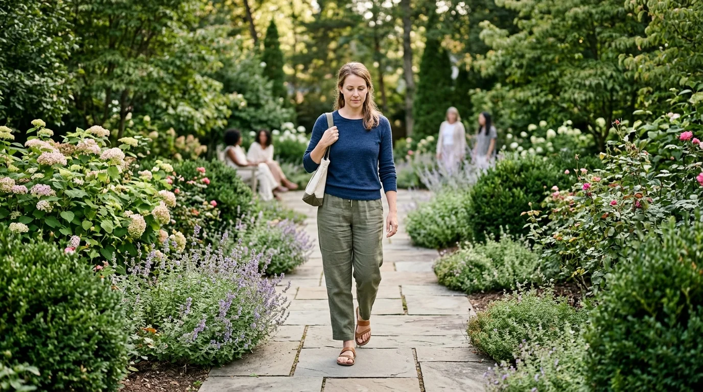 Woman Walking Alone on an Outdoor Garden Path During Residential Mental Health Treatment | The Rose House