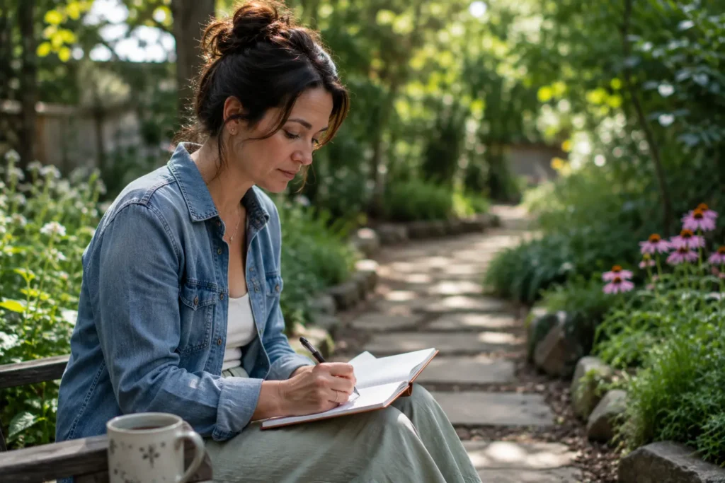 Woman Writing in a Journal Outdoors on a Garden Path During Trauma Recovery | The Rose House
