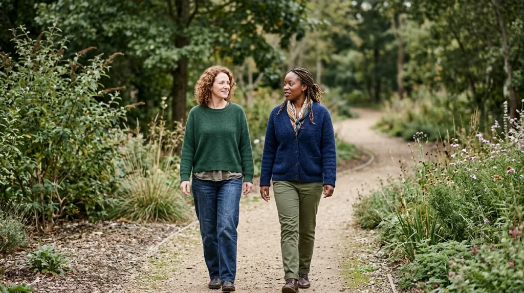 Two Women Walking Side by Side on an Outdoor Path During Trauma Recovery